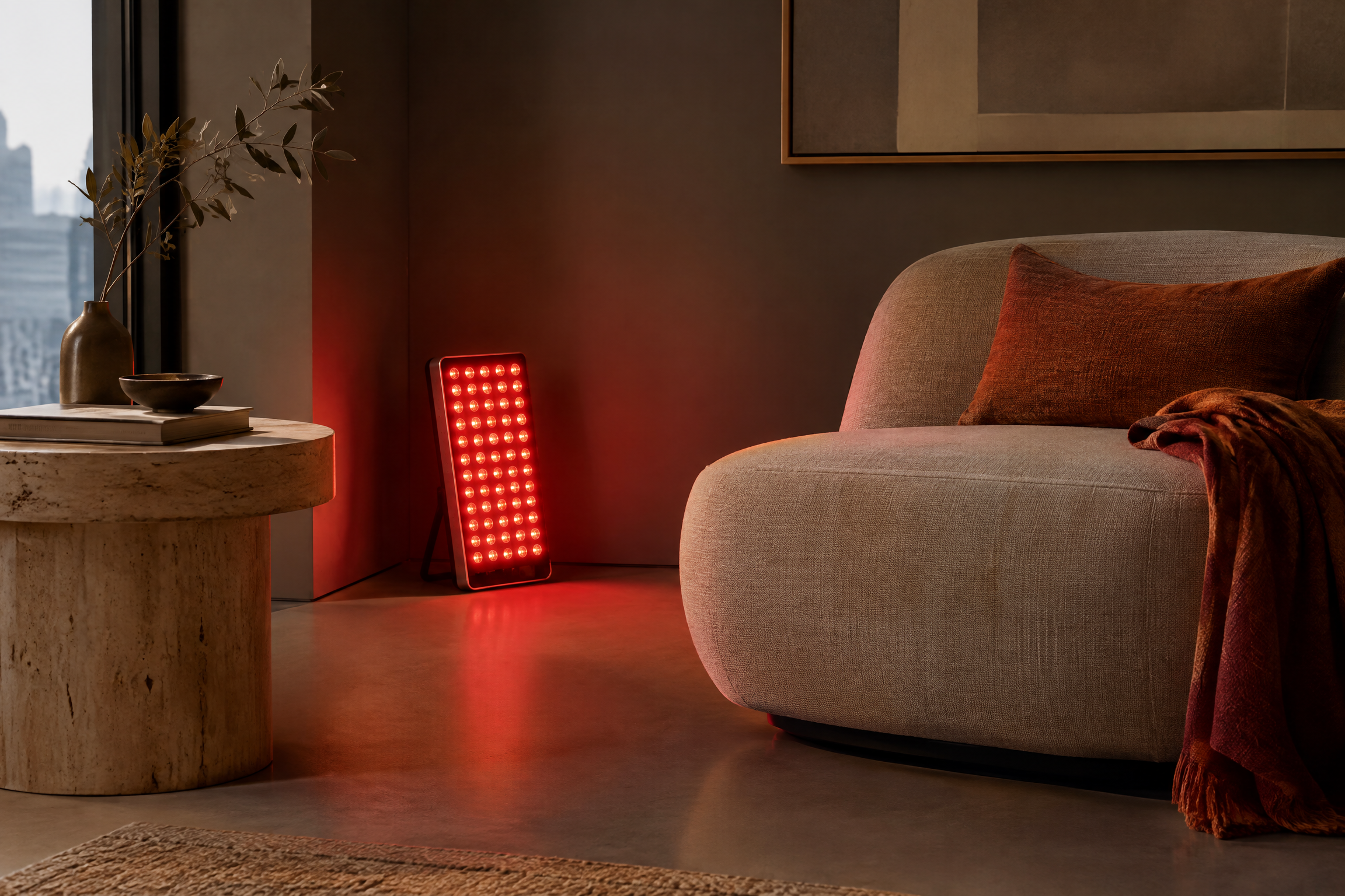 Compact red light panel in a calm home interior